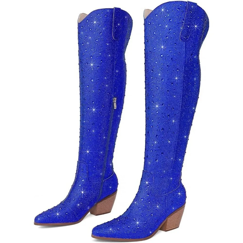Women Blue Faux Leather Sparkly Bling Rhinestone Over the Knee Cowboy Boots
